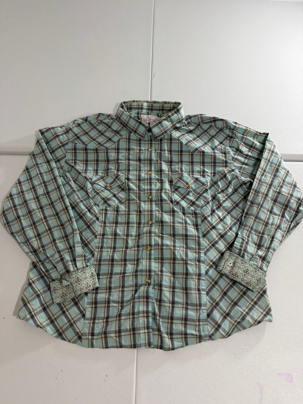 Panhandle Western Pearl Snap Shirt Womens XXL Plaid Long Sleeve Lace Cuffs